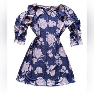 SJS blue tunic dress with white floral design and embroidery XL